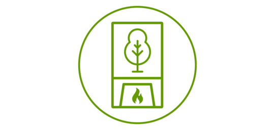Icon einer Anlage, in der unten Feuer brennt und oben symbolisch für Holz ein Baum abgebildet ist