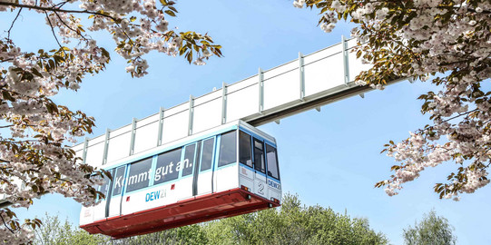 H-Bahn_03 Die H-Bahn fährt an blühenden Bäumen vorbei.