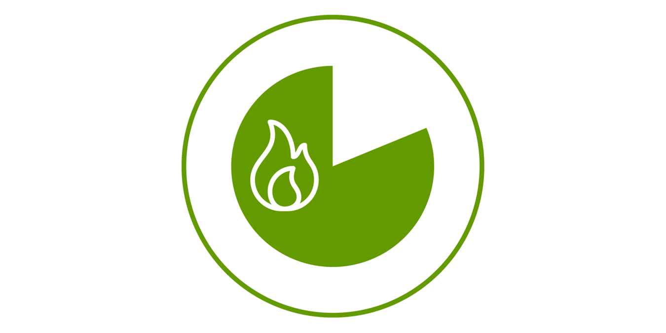 Grünes Icon eines Tortendiagramms mit Flamme, grün umrandet
