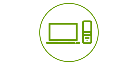 Green graphic of a laptop and a computer tower, outlined in green.