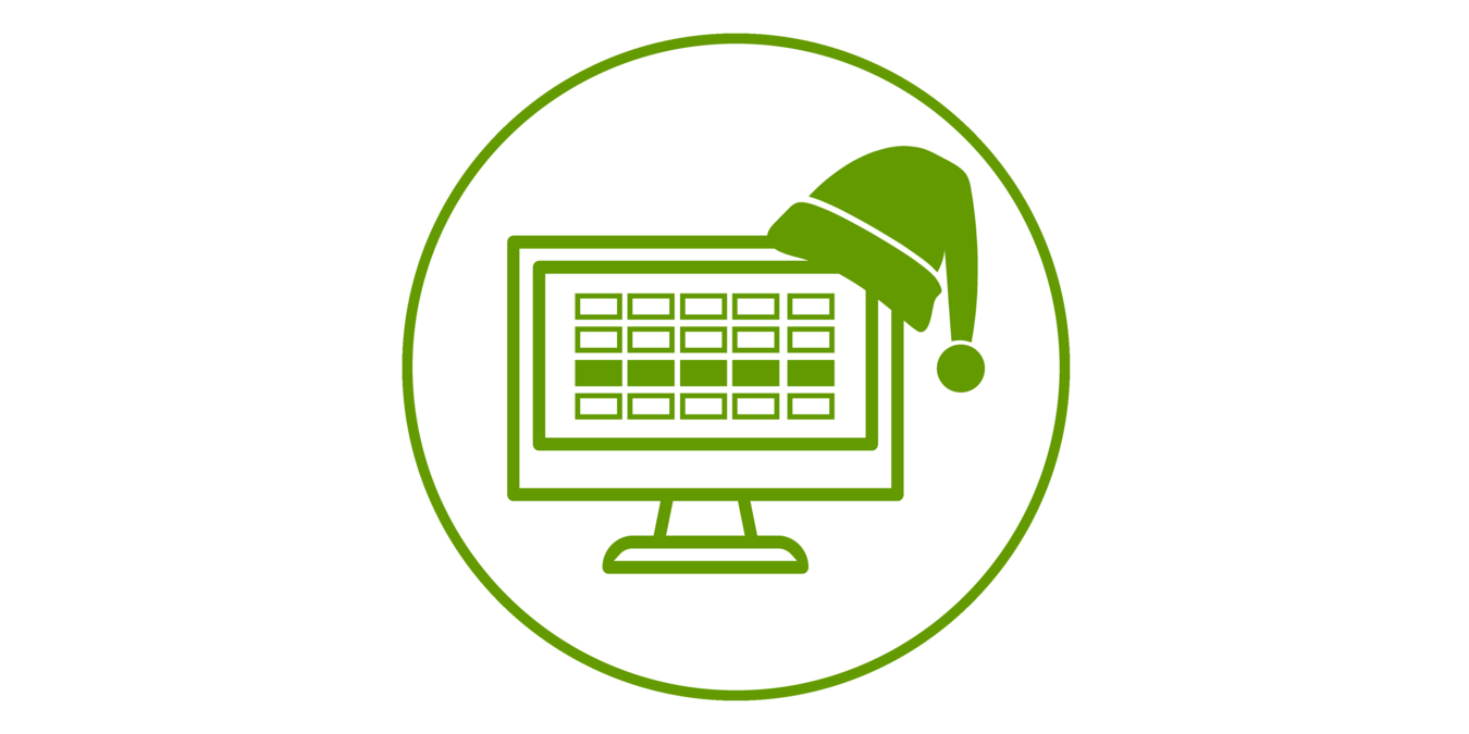 Auf einem Monitor ist in Kalender, eine Woche ist markiert, auf der Ecke des Monitors hängt eine Weihnachtsmannmütze.