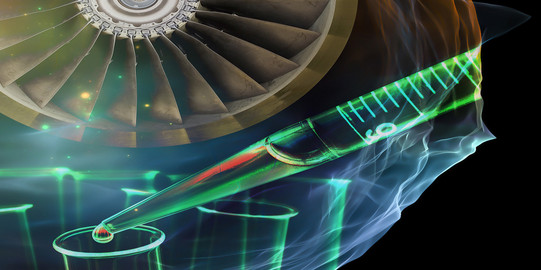 Drawing of a head, a wheel and a dropper in light rainbow colors