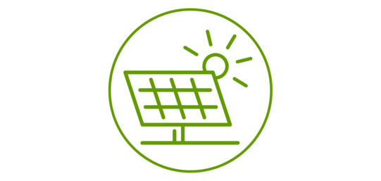 Icon of a photovoltaic system standing on the ground, behind it a shining sun