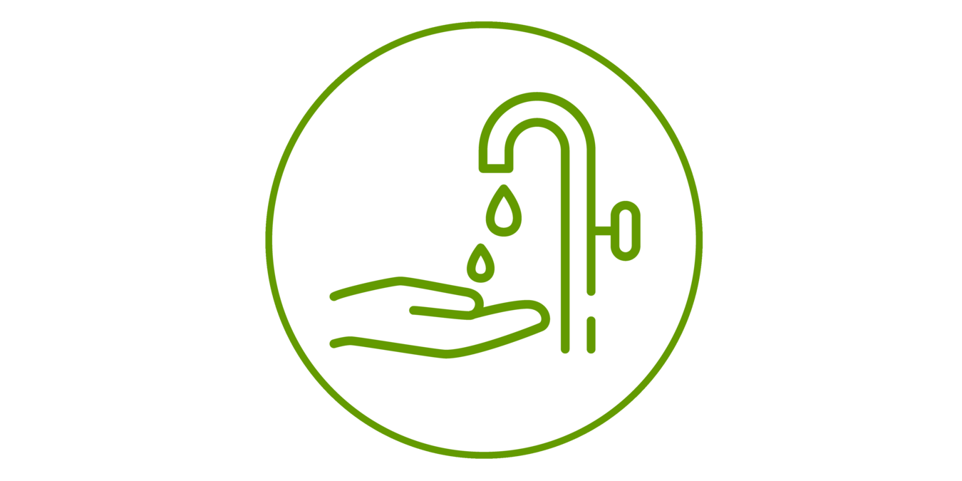 Green icon of a hand under a dripping faucet, green bordered
