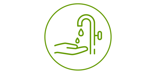 Grünes Icon einer Hand unter einem tropfenden Wasserhahn, grün umrandet