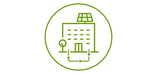 Green icon of a building with symbolized photovoltaic system and heat pump