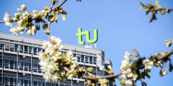 Kirschblüten vor dem Mathegebäude Kirschblüten und das Mathegebäude mit dem TU-Logo im Hintergrund.