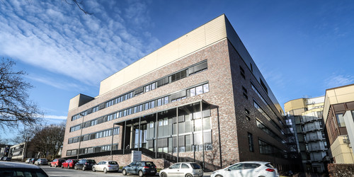A modern, grey building