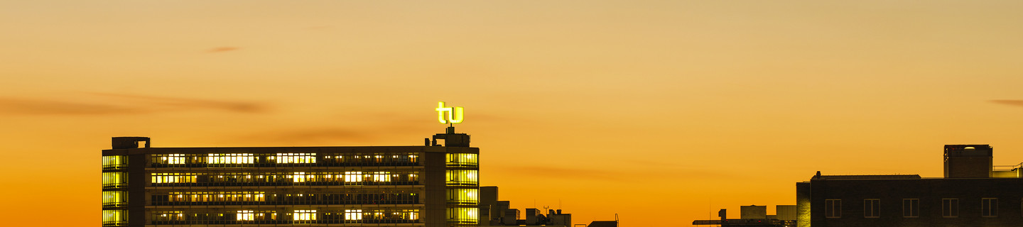 Skyline of TU Dortmund University with sunset in the background