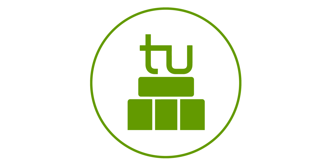 Green icon of a math tower with TU logo, bordered in green