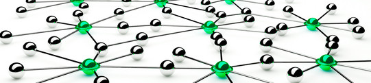 Networking Silver and light green balls on a white background are connected with silver threads