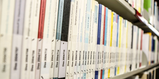 Dissertationen in der Bibliothek Bücher mit der Aufschrift Dissertation auf dem Buchrücken im Bücherregal der Bibliothek