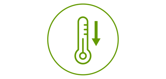 Green icon of a thermometer with an arrow pointing down, green bordered