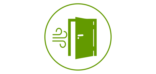 Green Icon of an open door, through which air escapes